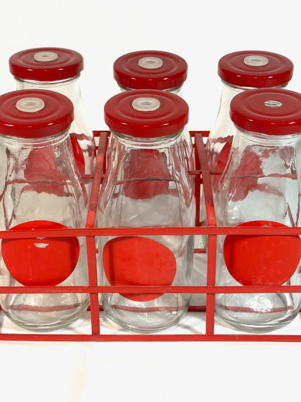 Set 6 Glass Bottles in Red Metal Carrier w/ Holes for Straws, Farmhouse Chic